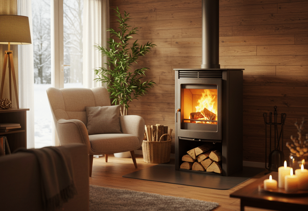 Kieto kuro krosnelė, šildanti jaukų europietišką namų interjerą žiemos metu.