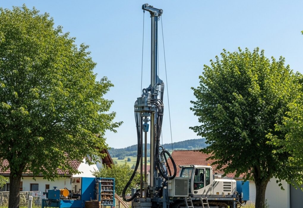 Realistiška europietiška vandens gręžinio įrengimo vieta su modernia įranga ir aiškiu dangumi