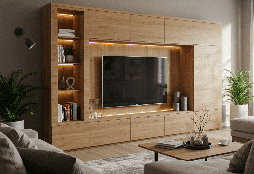 Šiuolaikiška svetainė su į interjerą skoningai įkomponuotu televizoriumi