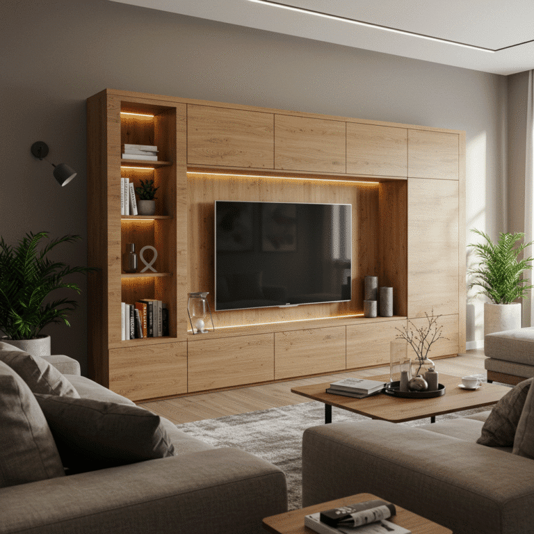 Šiuolaikiška svetainė su į interjerą skoningai įkomponuotu televizoriumi