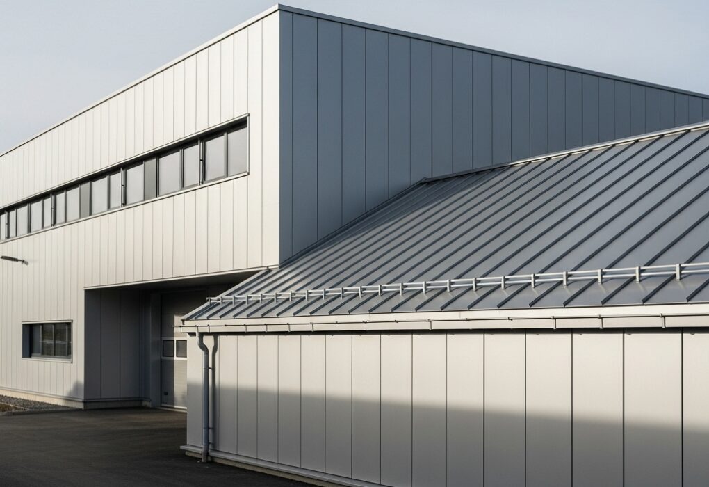 Pastatas su trapecine skarda dengtu stogu ir fasadu